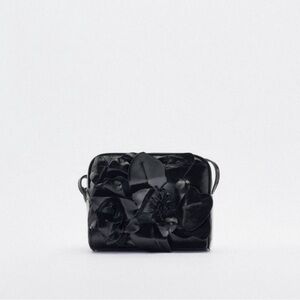 Zara Black Flower Black Patent Leather Crossbody Bag